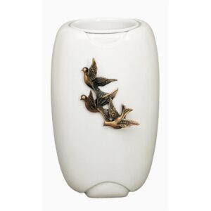 Vaso portafiori per lapide – Linea Olpe bianco con colombe – Bronzo