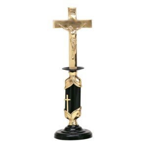 Crocefisso in bronzo lucido – Sostegno di colore nero e rifiniture dorate