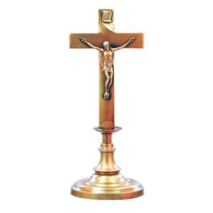 Crocefisso in bronzo lucido – Base di sostegno a forma di candeliere basso