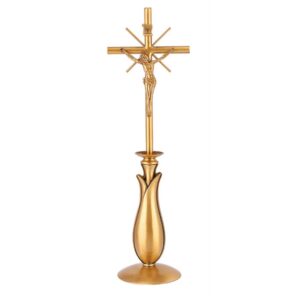 Croifisso in bronzo lucido su croce – Barre a sezione cilindrica e base a forma di candeliere