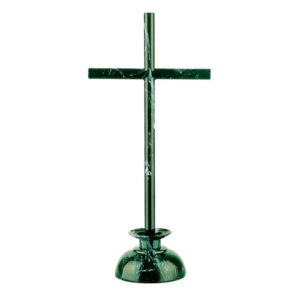 Croce in bronzo – Finitura marmo Verde Guatemala – Barre a sezione cilindrica su base candeliere piccola
