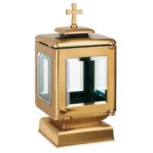 Lampada a cero piccola per lapidi con base quadrata e croce – Bronzo