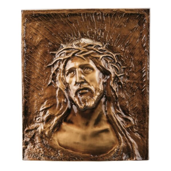 Targa con bassorilievo in bronzo per cappella cimiteriale - Sacro capo di Gesù coronato di spine