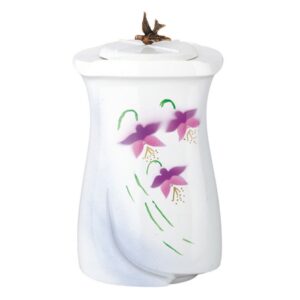 Urna cineraria in bronzo finitura ceramismalt bianca con decorazione floreale – Linea Idria (cm 28)