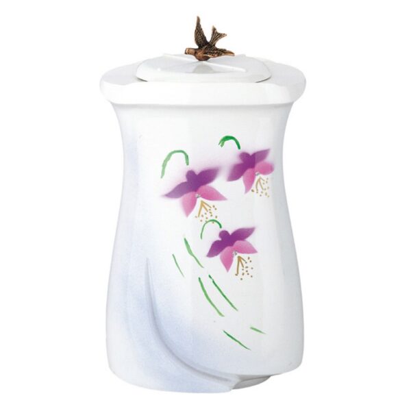 Urna cineraria in bronzo finitura ceramismalt bianca con decorazione floreale - Linea Idria (cm 28)