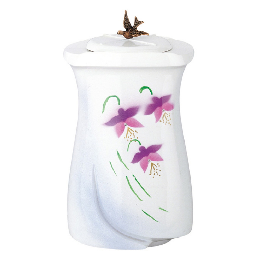 0001102 urna cineraria in bronzo finitura ceramismalt bianca con decorazione floreale linea idria cm 28 1000