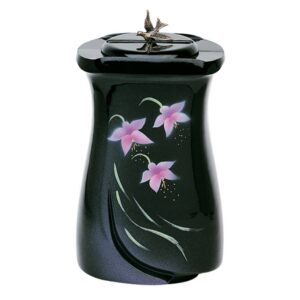 Urna cineraria in bronzo finitura ceramismalt nera con decorazione floreale – Linea Idria (cm 28)