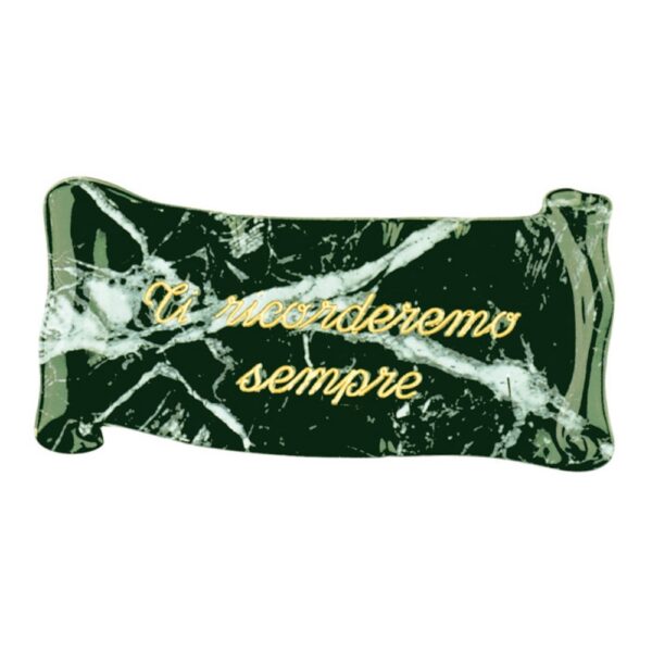 Pergamena commemorativa in bronzo per lapidi - Verde marmo Guatemala - Dedica: Ti ricorderemo sempre.