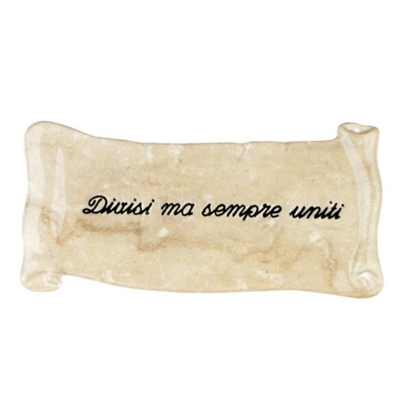 Pergamena commemorativa in bronzo per lapidi. Finitura marmo Botticino - Dedica: Divisi ma sempre uniti.