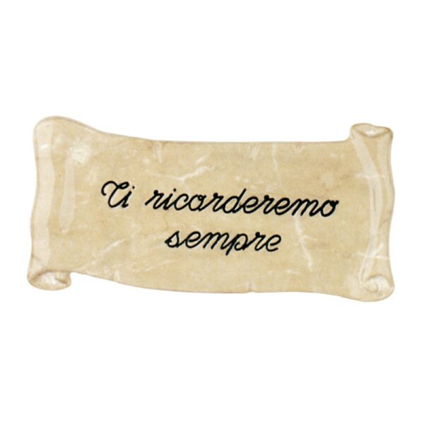 Pergamena commemorativa in bronzo per lapidi. Finitura marmo Botticino - Dedica: Ti ricorderemo sempre.
