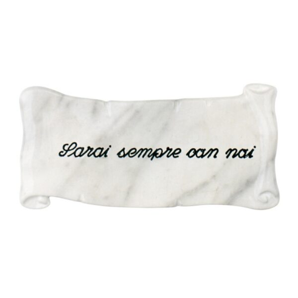 Pergamena commemorativa in bronzo per lapidi. Finitura marmo Carrara - Dedica: Sarai sempre con noi.
