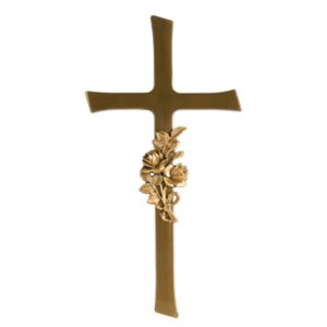 Croce in bronzo decorata con tralcio di rose