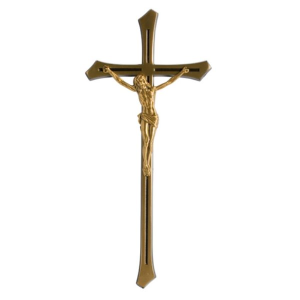 Crocifisso in bronzo su croce con angoli smussati stile classico
