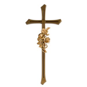 Croce in bronzo lucido con angoli smussati e tralcio con due rose