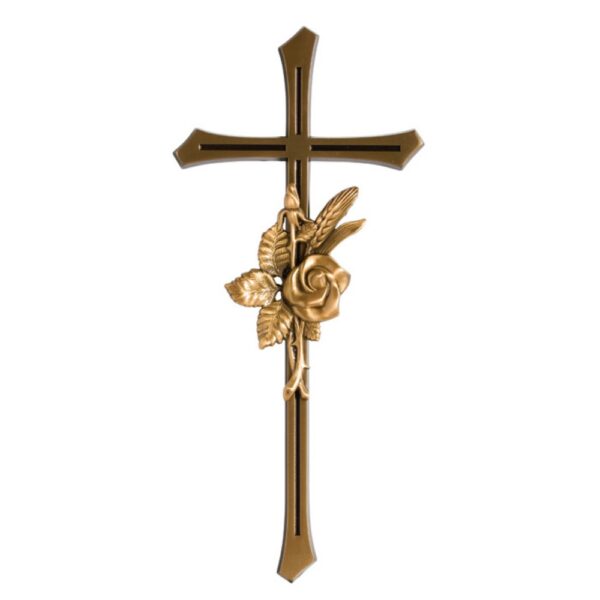 Croce in bronzo lucido con angoli smussati e tralcio con una rosa