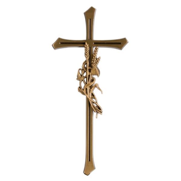 Croce in bronzo lucido con angoli smussati e spighe di grano