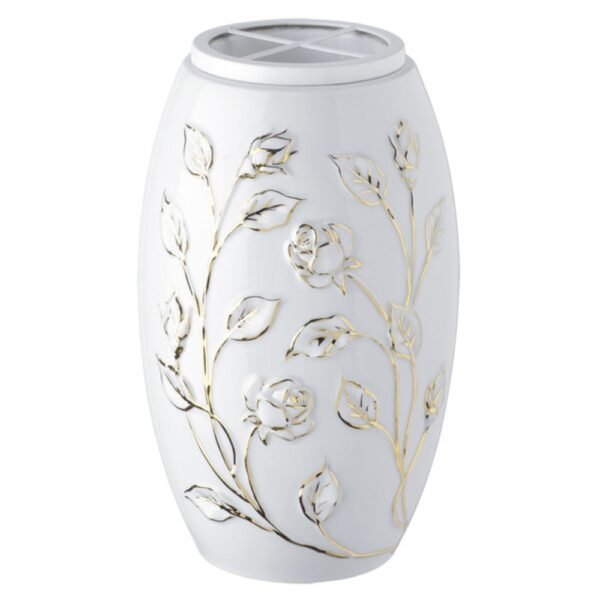 Vaso portafiori per lapide - Linea Tralci di rosa filo oro - Porcellana