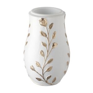 Vaso portafiori per lapide – Linea Meg – Finitura Bianco con decorazioni oro – Bronzo Shell Moulding