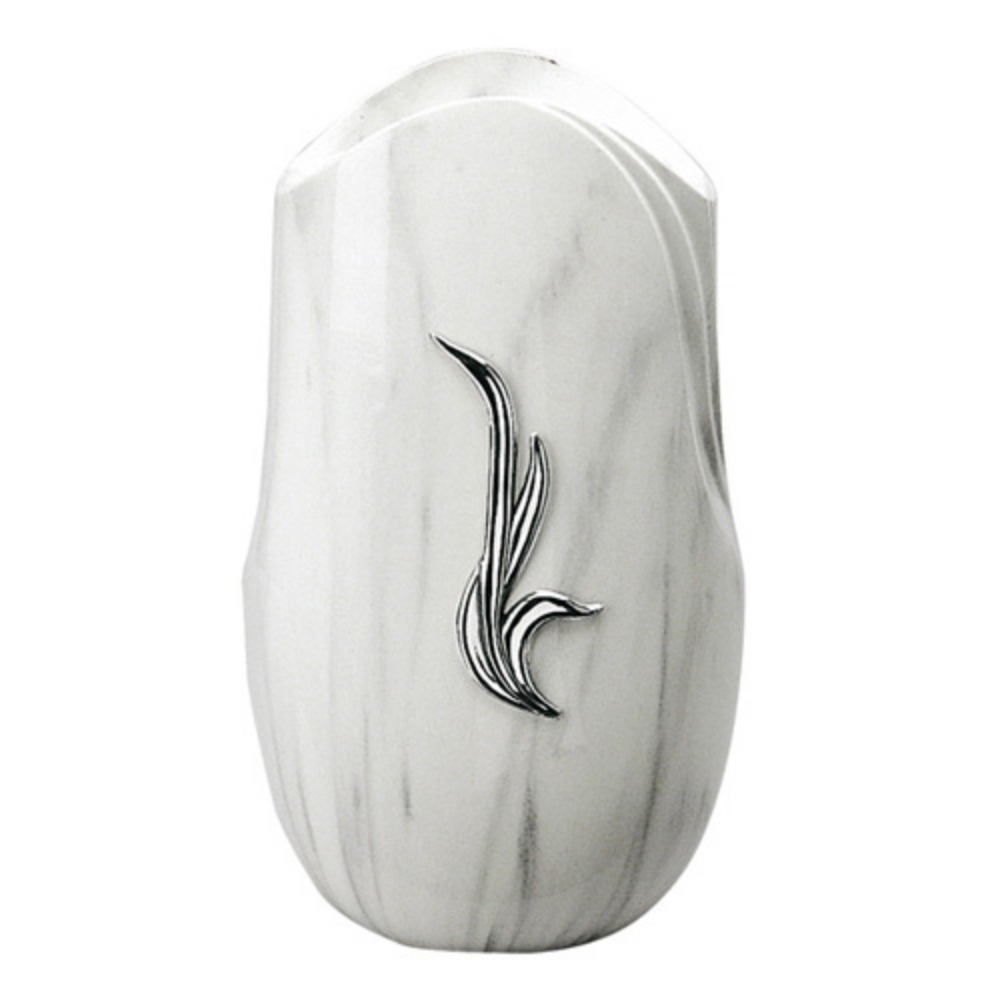0002118 vaso portafiori per lapide linea olla fela finitura marmo carrara bronzo con decorazione cromo 1000