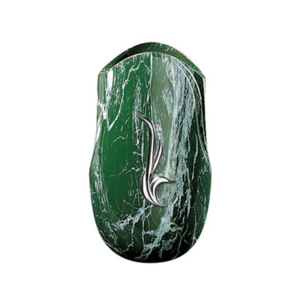 Vaso portafiori per lapide - Linea Olla fela - Finitura marmo Verde Guatemala - Bronzo con decorazione cromo (cinerari e ossari)