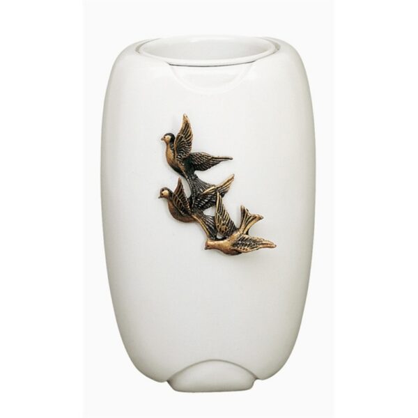 Vaso portafiori per lapide - Linea Olpe bianco con colombe - Bronzo (Cinerari e ossari)