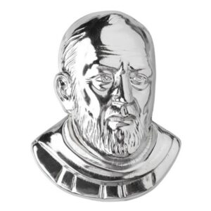 Targa con bassorilievo in bronzo per lapide – Volto di Padre Pio in finitura cromata