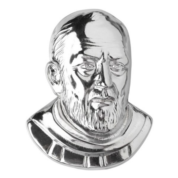 Targa con bassorilievo in bronzo per lapide - Volto di Padre Pio in finitura cromata
