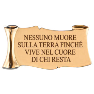 Pergamena commemorativa in bronzo per lapidi con due cornici portafoto ovali e incisione. Dedica personalizzata